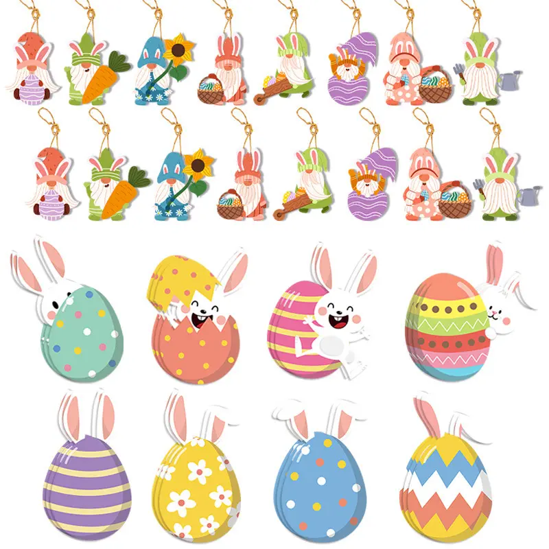 Nuovo design 8 pezzi set decorazione festa di pasqua uova di pasqua ciondolo portafortuna carta appeso coniglietto
