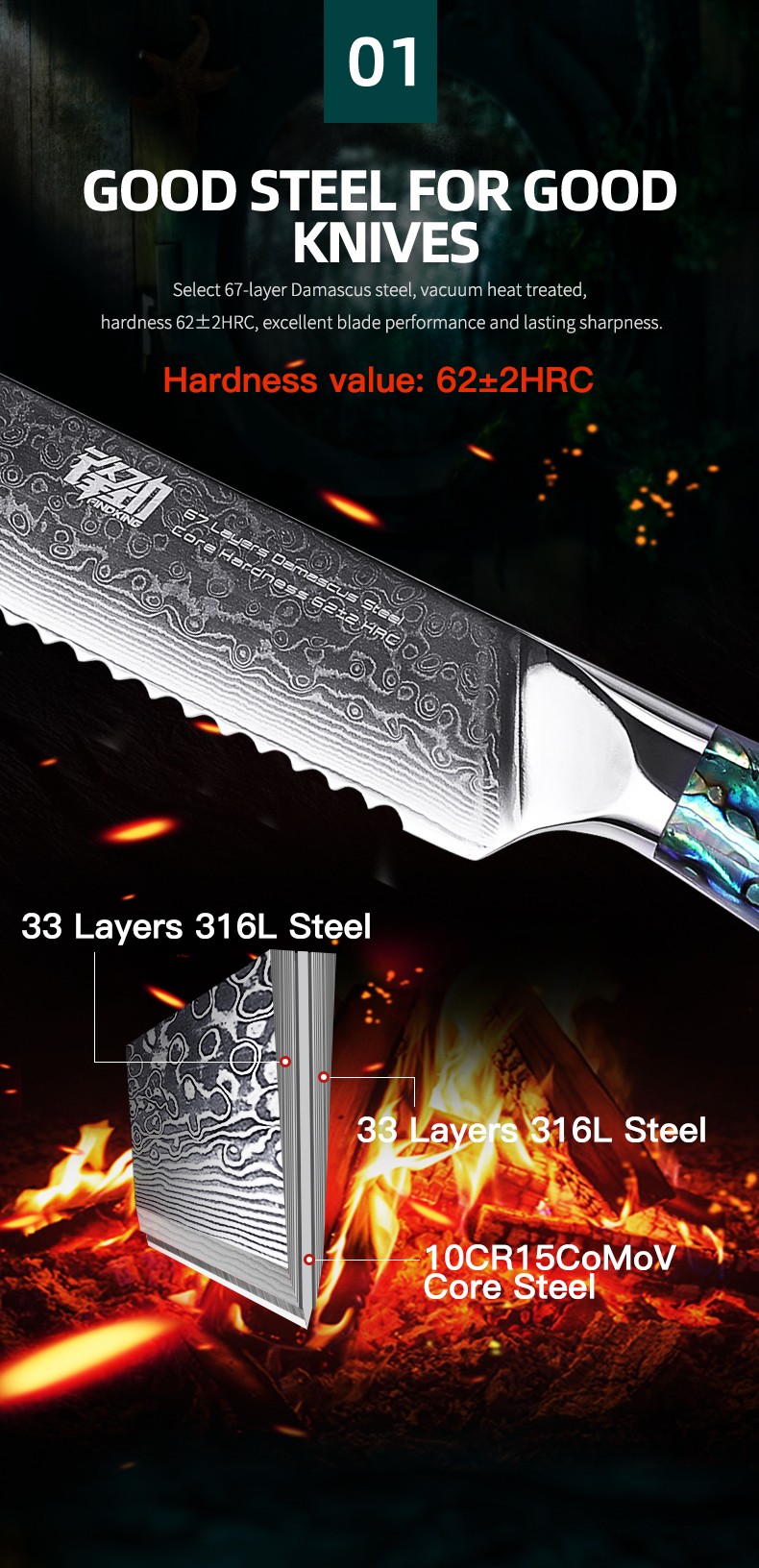 Amazon Hot Sale FINDKING Gorgeous Series Sliced Bread 67 Layers Damascus Steel 8 inch Serrated Cutter Cake Bread Knife