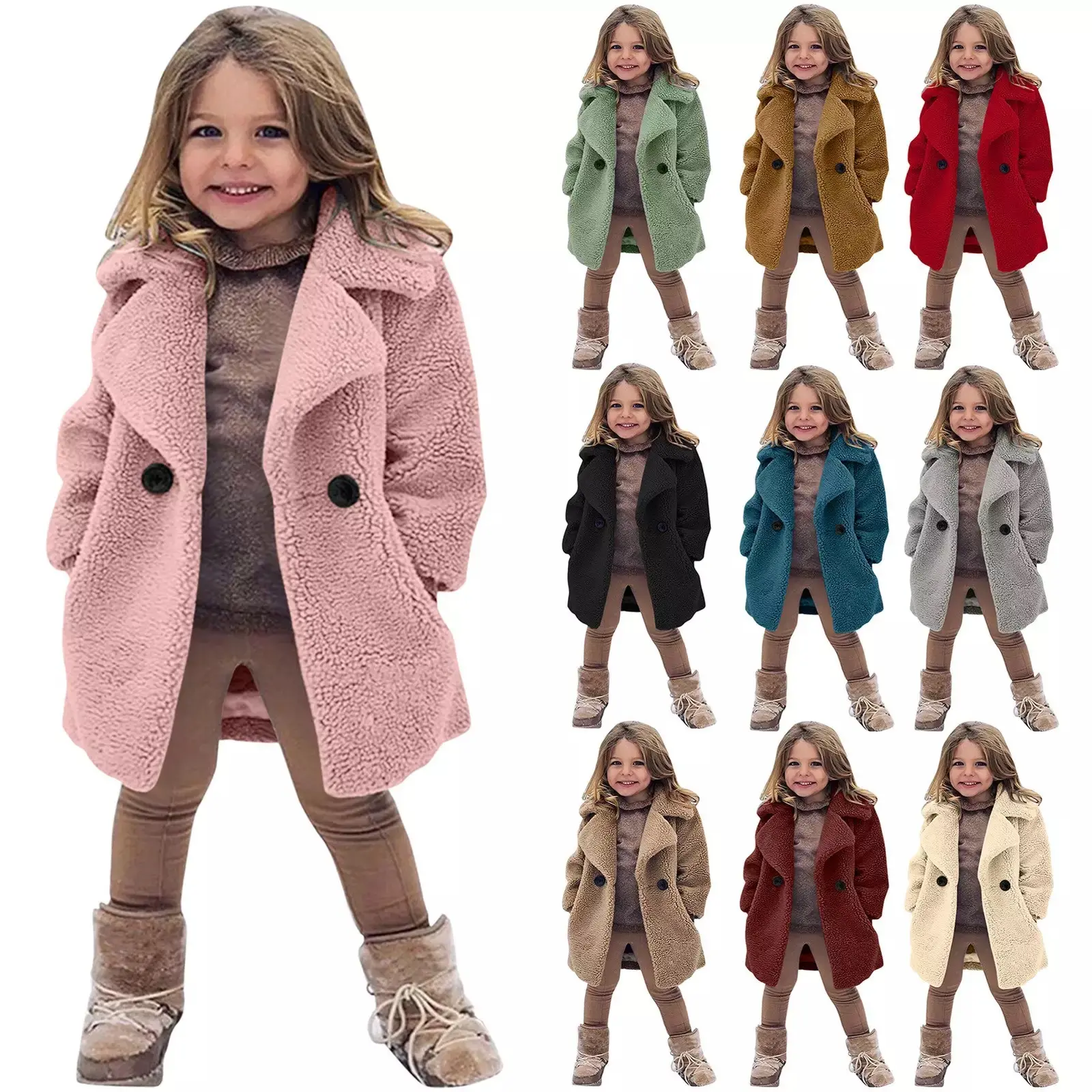 2023 Toddler Coats Bebê Meninas Roupas Inverno À Prova de Vento Engrossar Quente Lã Lapela Cor Sólida Outerwear Crianças Jaqueta