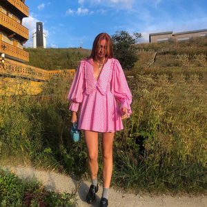 New Collection Cute Plaid Print Peter <strong>Pan</strong> Collar Long Sleeve Vestido Elegante Pink Sweet Ladies Dresses Casual Sexy