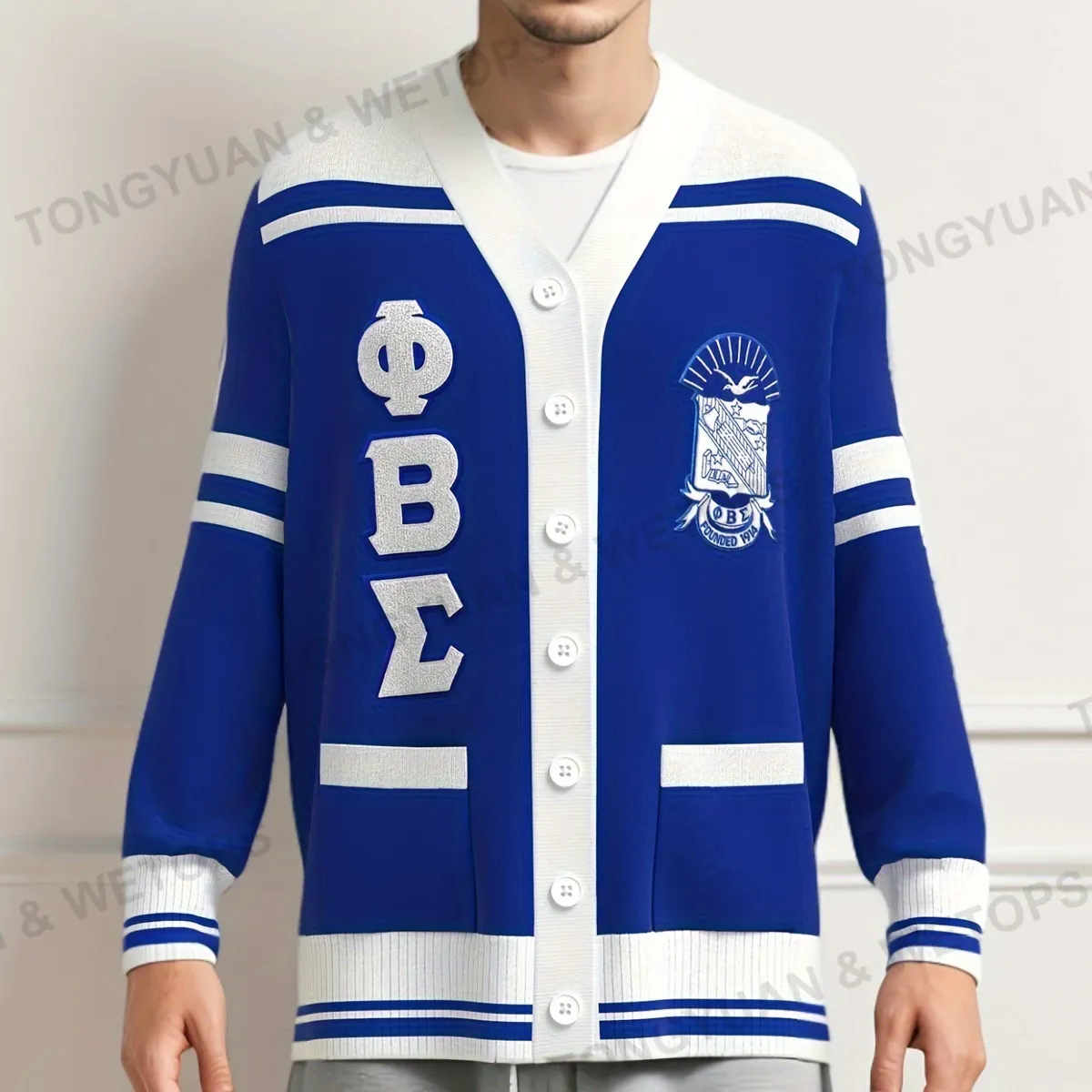 Fabricantes de ropa personalizada BSCI griego Phi Beta Sigma 1914 fraternidad sublimada parafernalia azul real suéter blanco puro