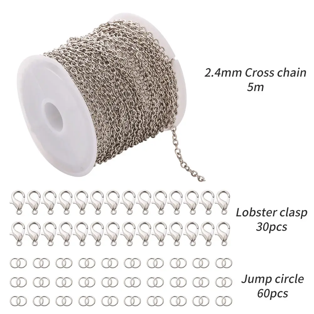 Hot Sales Stainless Steel Flat Cable Chains Link Spool Bulk with 20 Lobster Clasps and 50 Jump Rings for Pendant Necklace