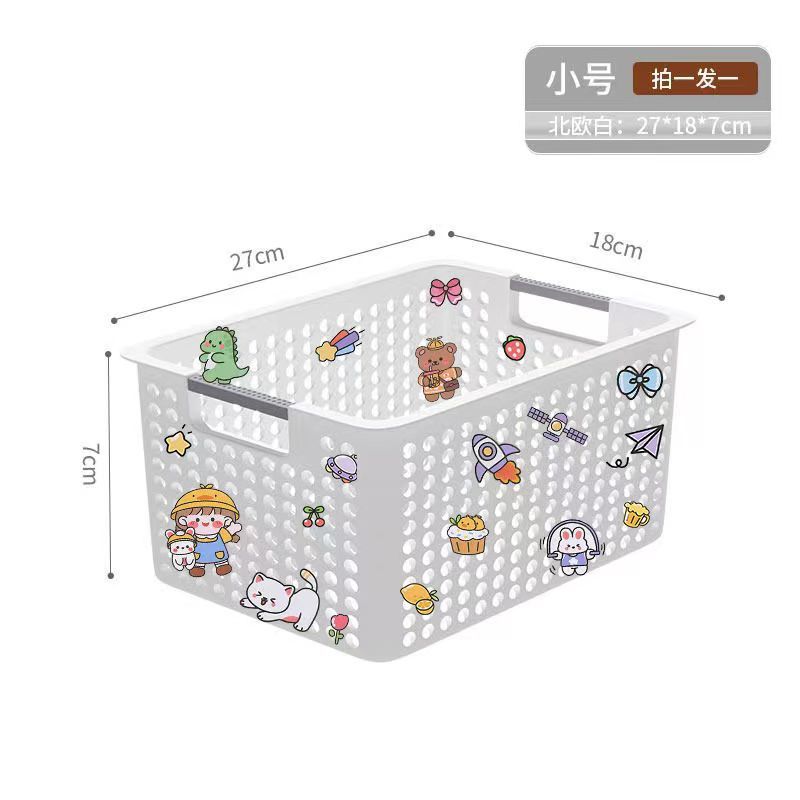 Cartoon-style laundry basket with random stickers