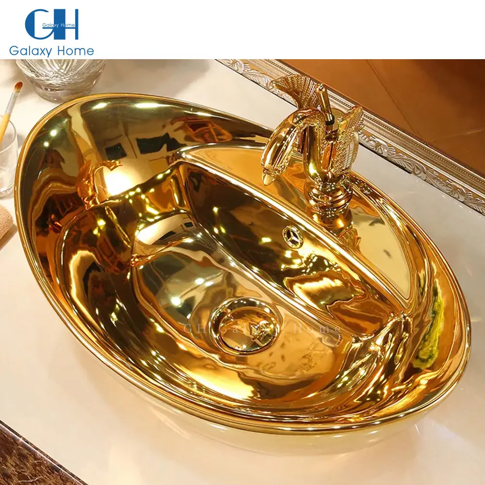 Lüks altın Vanity masa üstü lavabo seramik sanat Oval elektroliz banyo gemi lavabo süslü tasarım