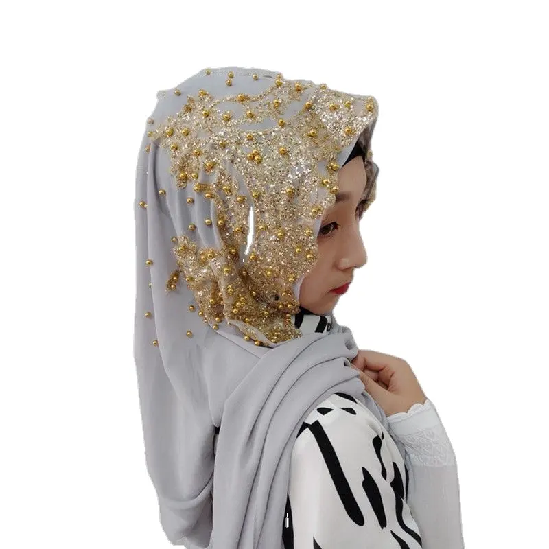Fashionable High Quality Designs Large Size Muslim Chiffon Headgear Bonnet Jewels Customized Pearl Women Polyester Soft Cap