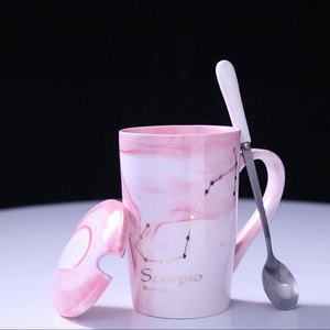 定制标志创意家居<span class=keywords><strong>12</strong></span>星座粉色灰色紫色马克杯带盖和勺子