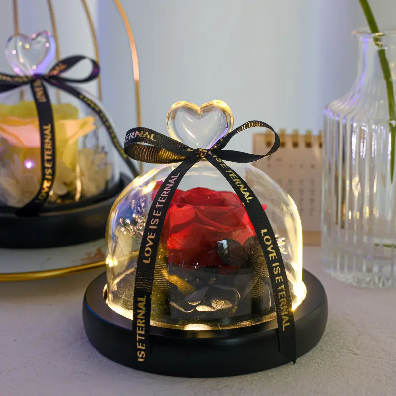 Flor eterna grande y hermosa, Rosa preservada en cúpula de cristal en forma de corazón en la parte superior con caja de regalo de lujo y bolsa gratis