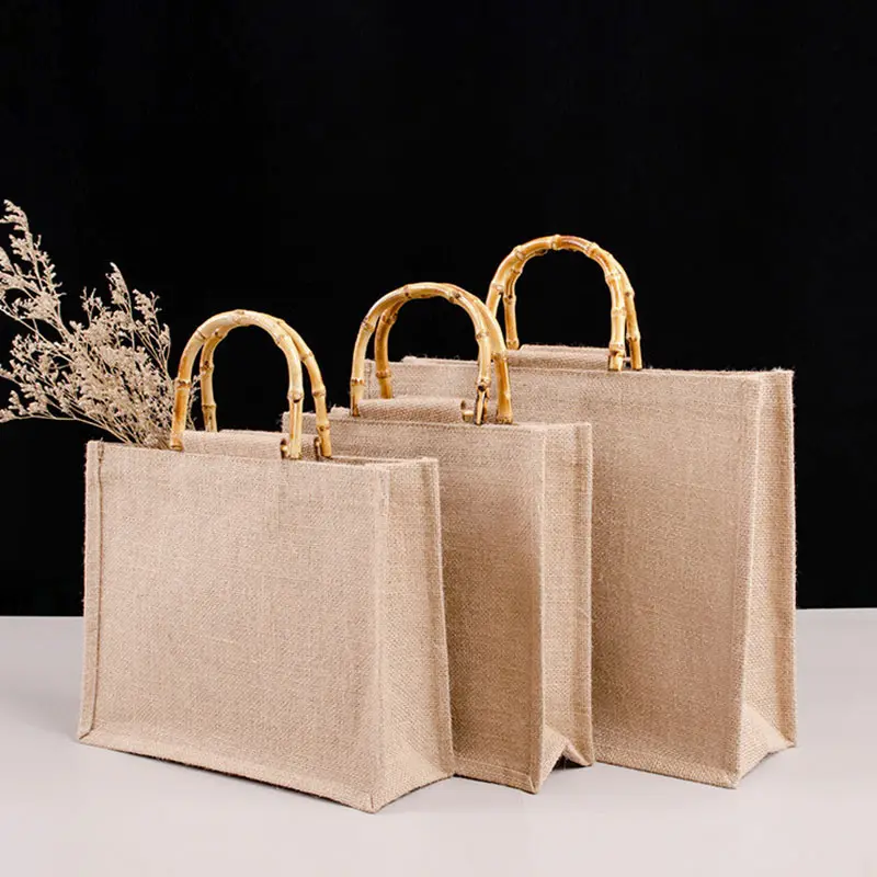 Bolsa de serapilheira de juta retrô, portátil, bolsa de compras, alça de bambu, sacola de mão, diy, tamanho grande, bolsa de praia para meninas