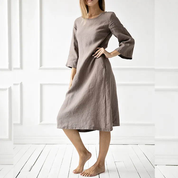 Ropa mujer mode 2014 personnalisé vintage 100% lin lâche midi robes décontractées femmes dame élégante