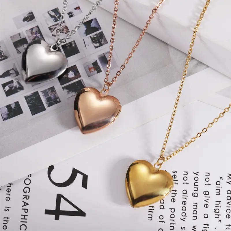 Nuevo collar de medallón de foto personalizado collar con colgante de caja de foto de corazón de melocotón de acero inoxidable