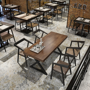 Bàn ăn gỗ hình chữ nhật rắn với phong cách công nghiệp Retro Bar BBQ cafe nhà ghế đặt sắt nghệ thuật nhà hàng đồ nội thất - Product Image 2