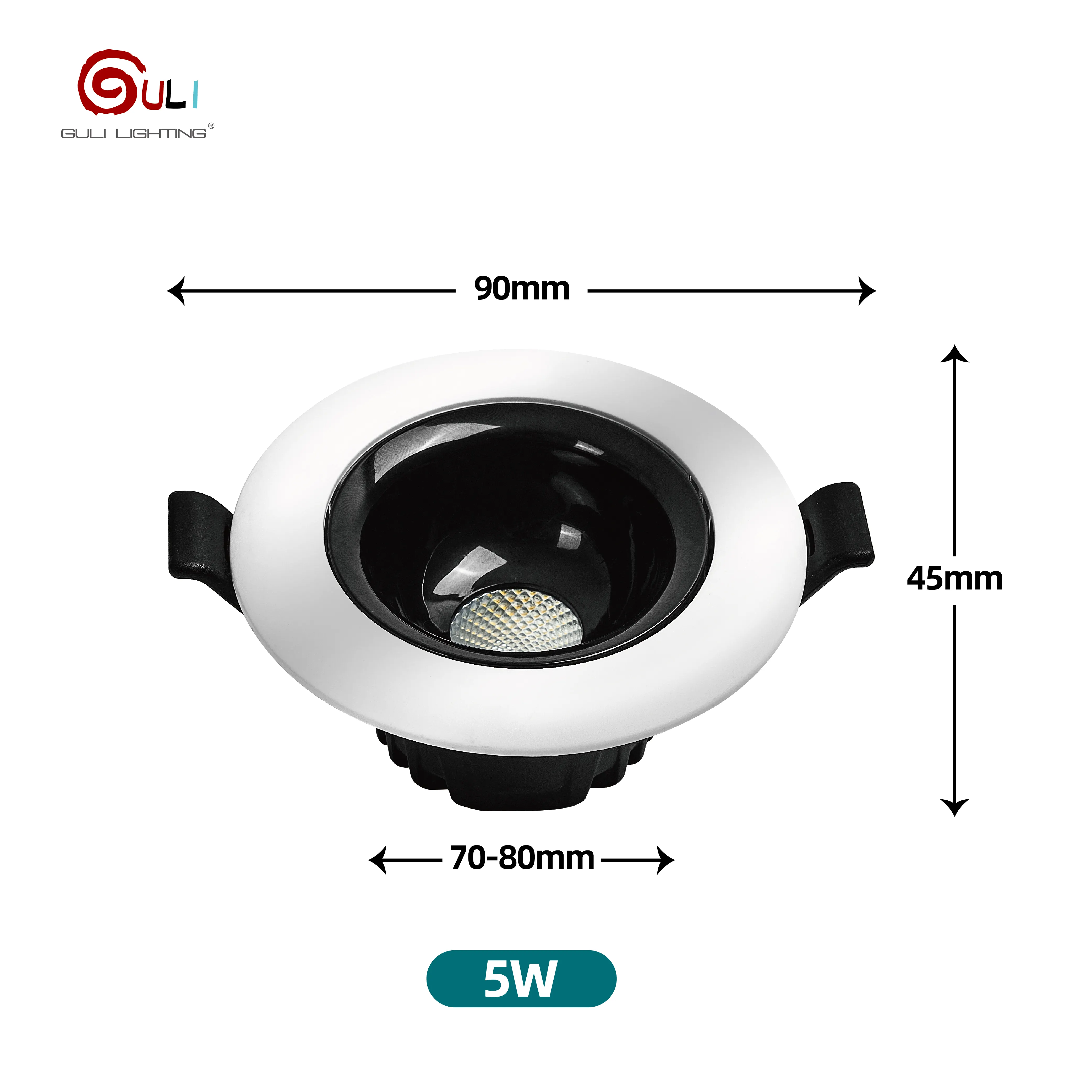 ดาวน์ไลท์ LED จุดเพดานในร่มแบบฝังโลหะป้องกันแสงสะท้อน 5w