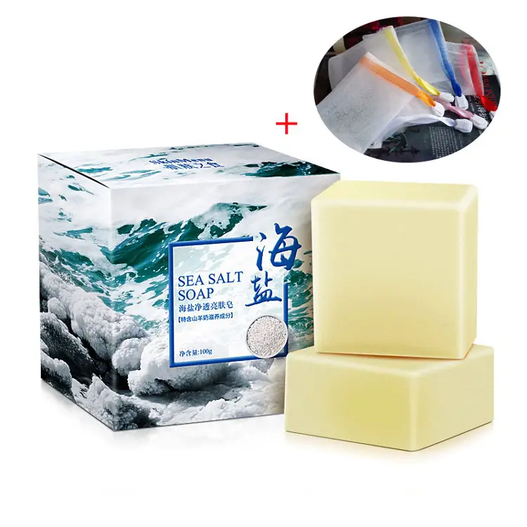 Savon au sel de mer blanchissant hydratant lait naturel savon au sel de mer élimine les acariens boutons Pores traitement de l'acné soins du visage filet moussant