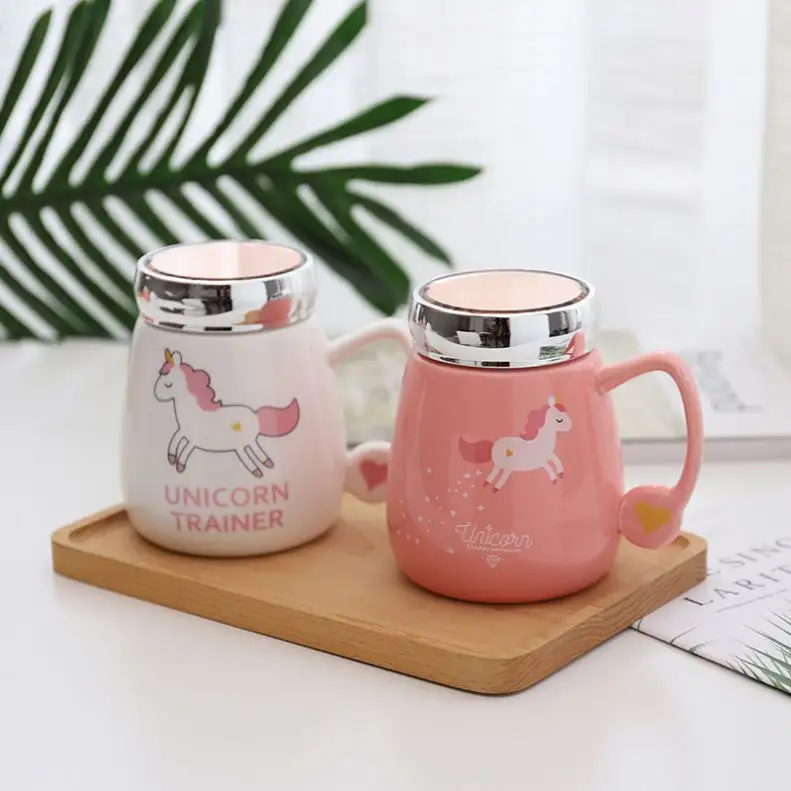 Zogifts creativo bianco rosa ufficio ragazza acqua tazza di latte cartone animato unicorno copertura specchio tazza di caffè in ceramica