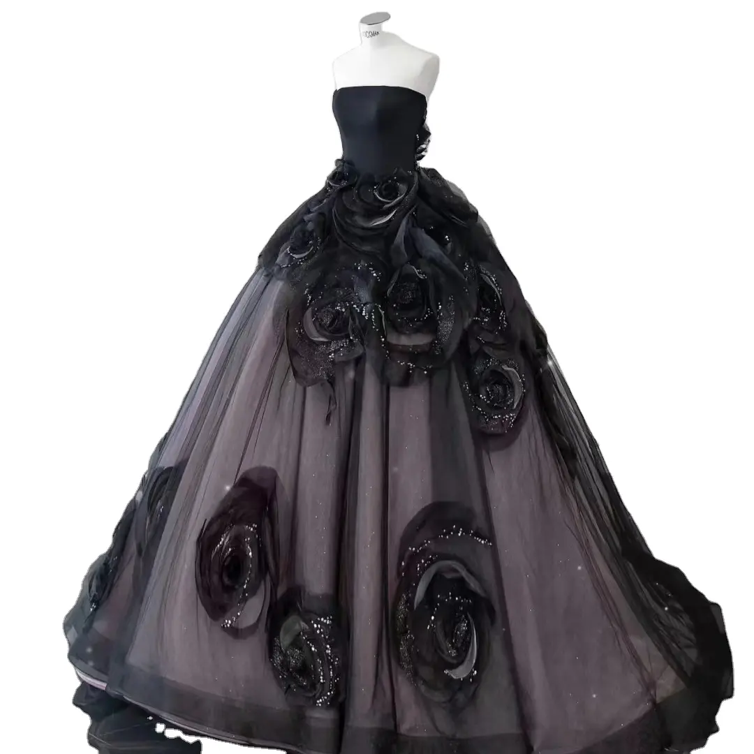 Abito da sposa principale senza spalline nero 2023 abito da passerella coda pesante abito da sposa da sera con paillettes glitter fiore avanzato