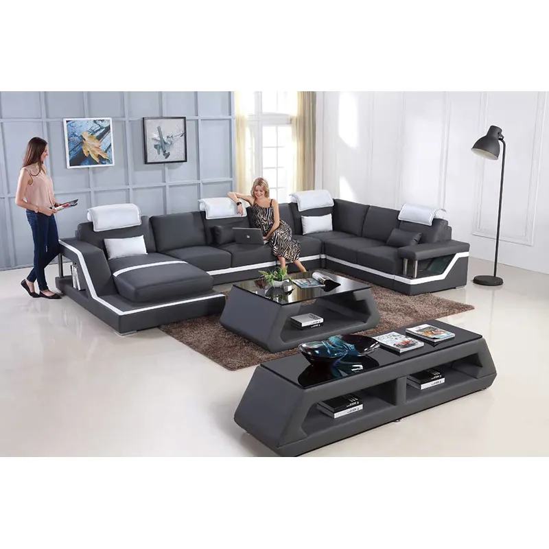 Sala de estar moderna 6 Lugares Suíte Salão de Couro Em Forma De U Preto Canto Sofá com Chaise