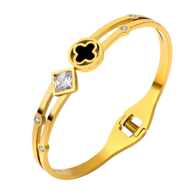 D0515-b07 Trébol de cuatro hojas con concha negra y diamantes de imitación cuadrados grandes