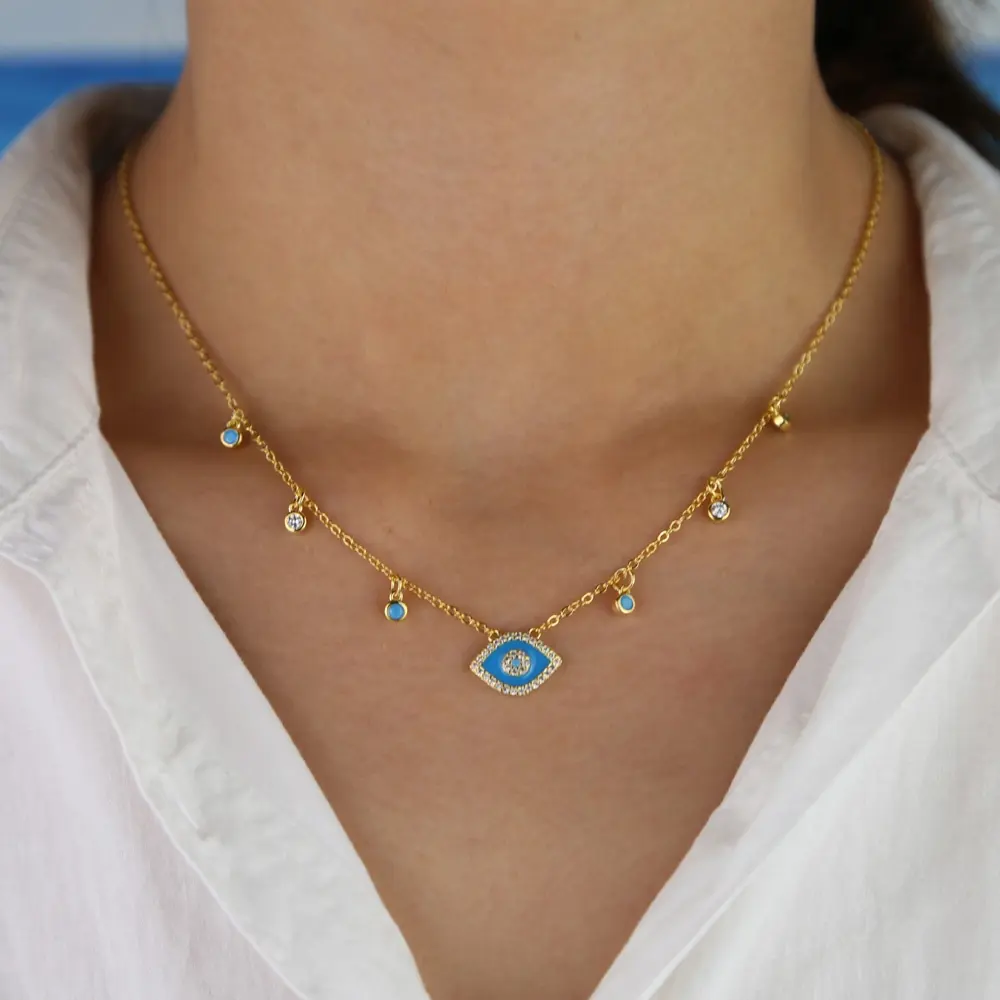 Conjunto de collar y pulsera de oro con diseño de ojo malvado, collar con colgante de zirconia cúbica, color azul y turquesa