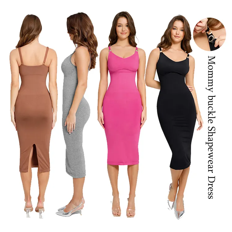 Venta al por mayor más tamaño Otoño e Invierno casual sin costuras cuello en V incorporado fajas Maxi vestido bodycon vestidos largos de las mujeres