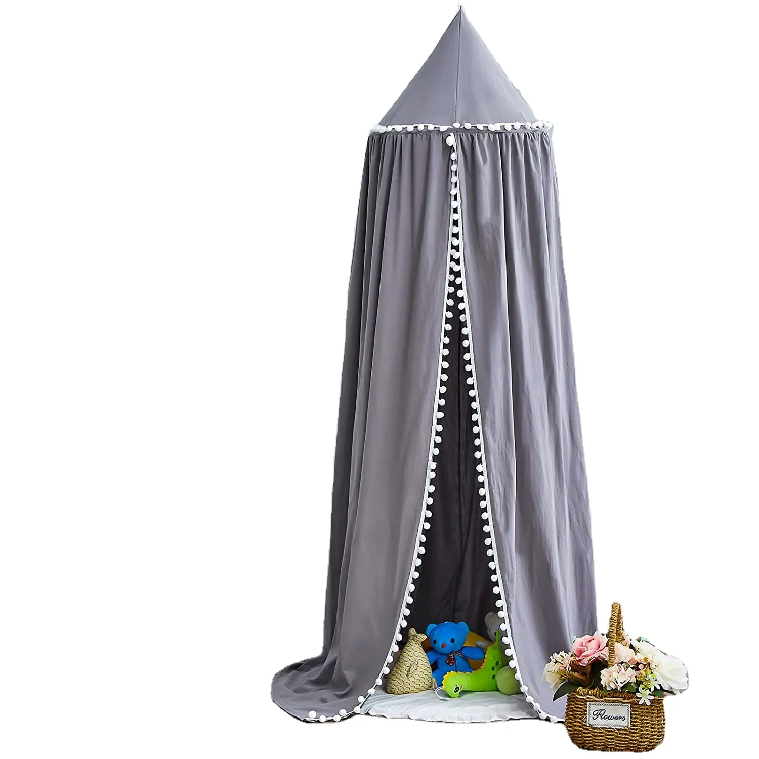 Bed Canopy for Girls Kids,Round Dome Children Dreamy Mosquito Net Bedding Girls Room Castle Play Tent Hanging House with POMPOM