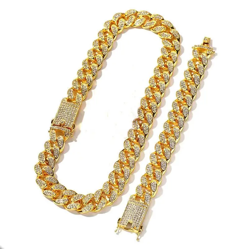 Jewelry Sets Diamond 13mm Cuban Link Chain Necklace Bracelet Set Zinc Alloy Iced Out Men Hip Hop Miami Necklace for Rapper