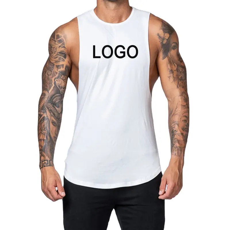 Camiseta sin mangas de algodón para hombre, logo personalizado de alta calidad, color blanco y negro, para entrenamiento, culturismo y gimnasio
