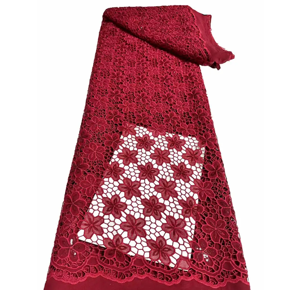 Renda chiffon bordado francês vermelho borgonha, tecido solúvel em água oco, cordão guipura africano para vestido de noiva