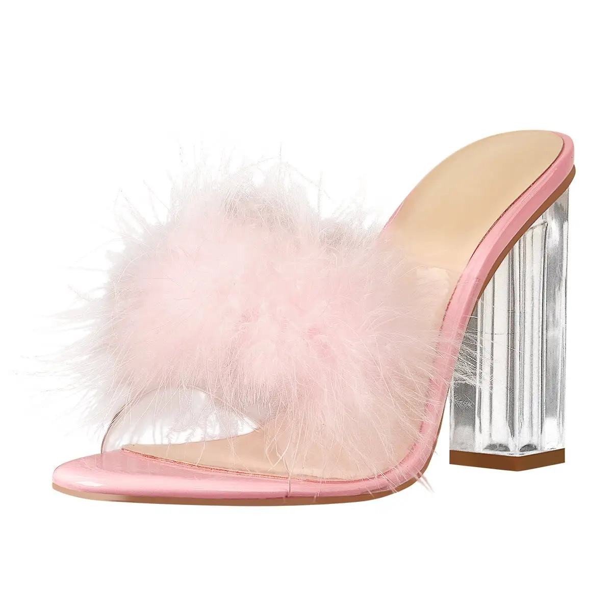 Sandalias de tacón alto y grueso para mujer, calzado personalizado con plumas rosas de 10cm, zapatos transparentes de diseñador