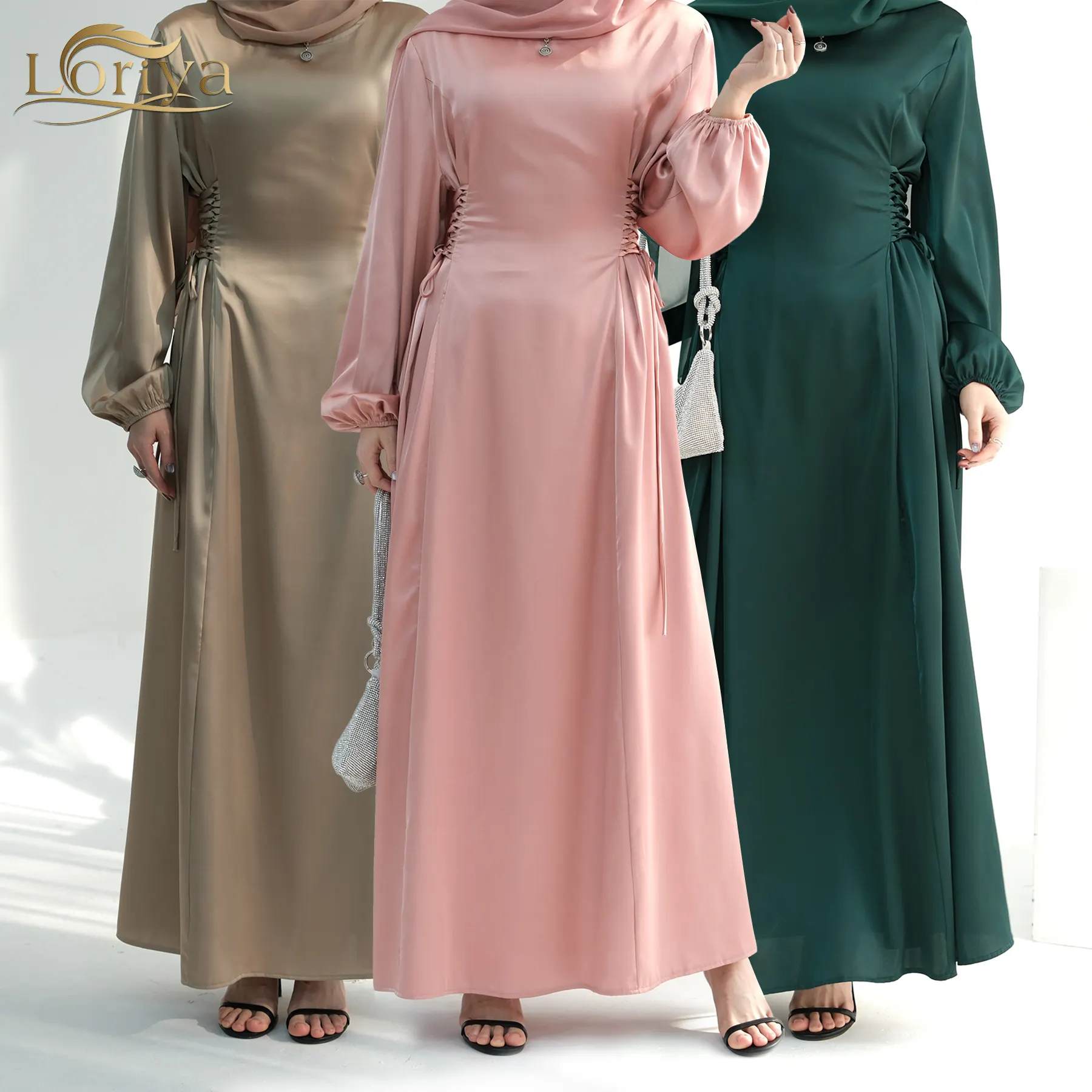 2024エレガントなサテンの女性のカジュアルドレス長袖中東アラビア語イスラム服控えめなアバヤイスラム教徒のドレス