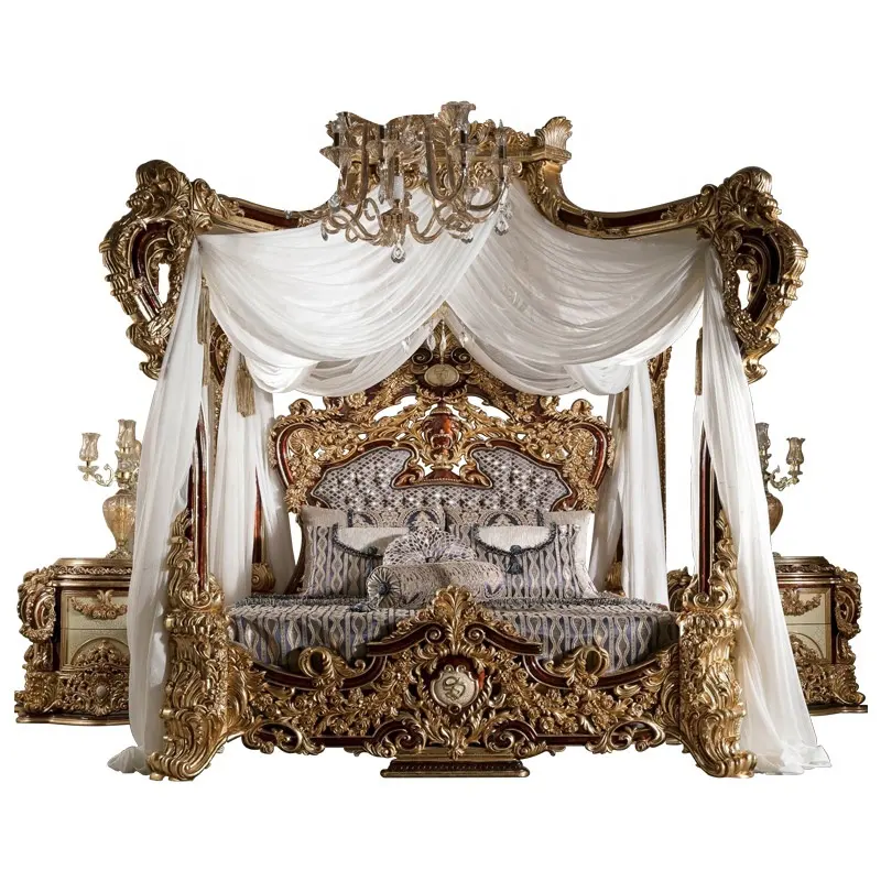 European hand-carved hot-selling furniture French luxury bedroom sets king size solid wood bed Canopy wooden beds