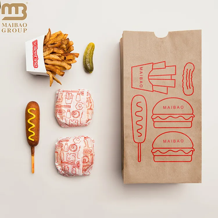 Özel Logo restoran kızarmış tavuk Burger kağıt torba paket Fast Food ambalaj patates kızartması çantası düz alt Kraft kağıt torbalar