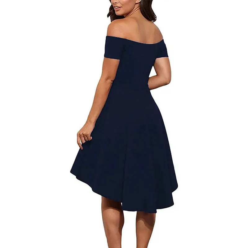 Vestido de balanço feminino elegante com ombro de fora, vestido de manga curta alto e baixo para patinação de cocktail