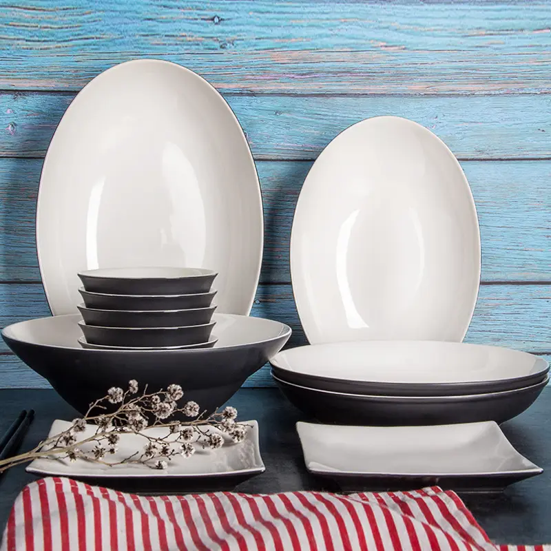 Platos y cuencos de cerámica ovalados redondos para cocina, logotipo personalizado de alta gama, Japón, coreano, Blanco, Negro, bajo esmaltado