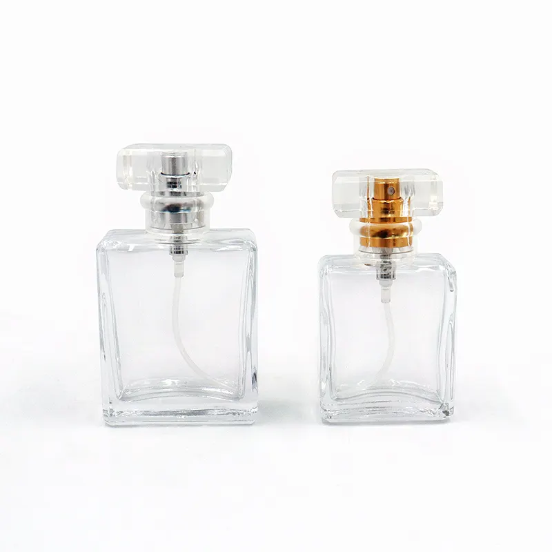 Frasco de perfume recarregável de vidro grosso quadrado com tampa acrílica, bomba de perfume com rosca, recipiente vazio, recipiente de 30 ml/50 ml