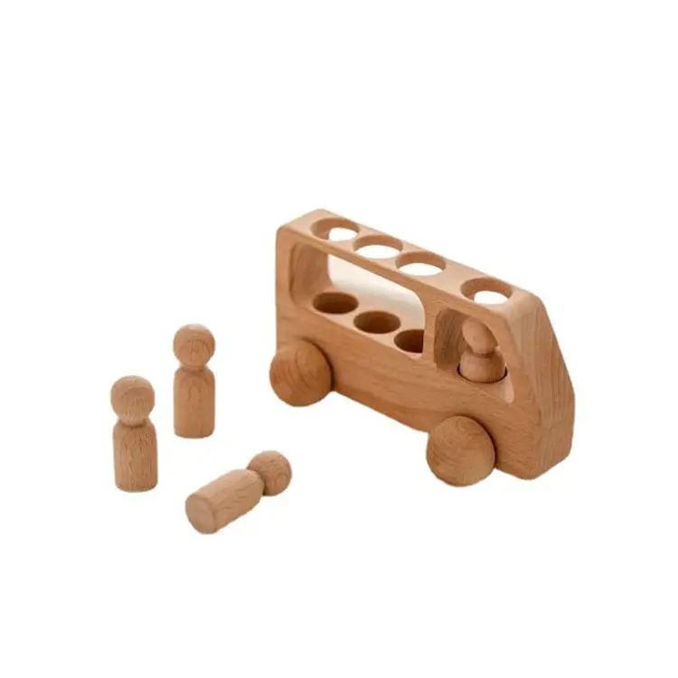 Coche de autobús de madera Montessori con pequeño hombre de madera de haya Natural bebé juguetes educativos para edades tempranas