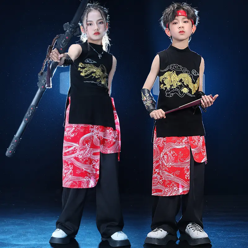 Traje de performance de dança de rua estilo chinês Colete preto de moda nacional seis - hip hop infantil hip hop jazz