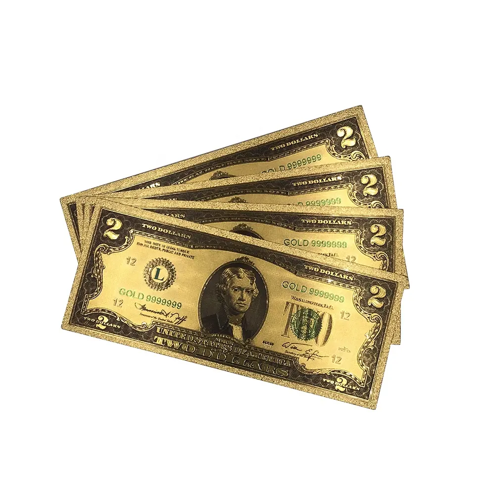 Dos billetes de dólar estadounidense, lámina de oro de 24k, conjunto de billetes de moneda, 2 dólares