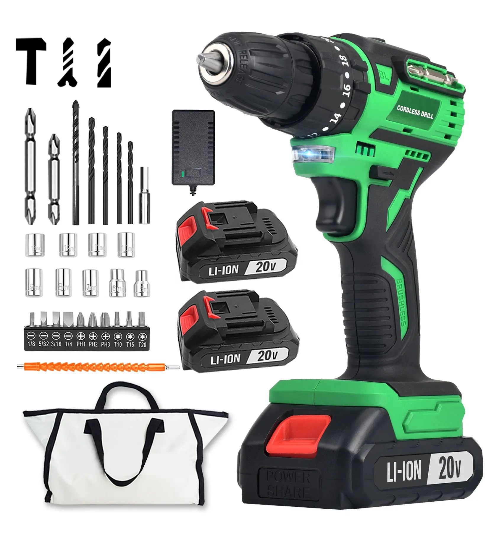 Marca OEM 20V Power Drills 13 milímetros Brushless Motor Drilling Machine com bateria de impacto sem fio Drill Power Tool Set