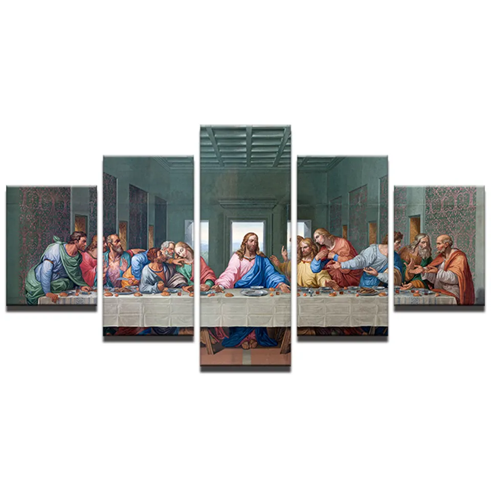 Carteles religiosos de Jesús, 5 paneles, la última pintura famosa de la cena, lienzo restaurado Da Vinci, impresiones, arte de pared