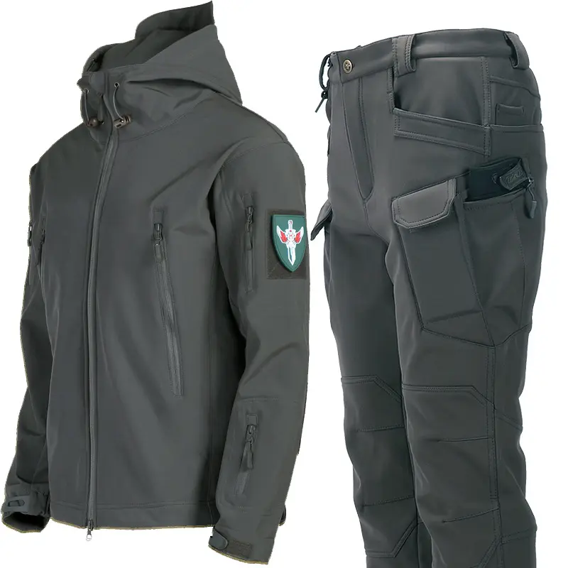 Tuta da Trekking impermeabile giacca a vento da esterno giacche tattiche da uomo pantaloni da Trekking con cappuccio per Set da caccia in pile termico maschile