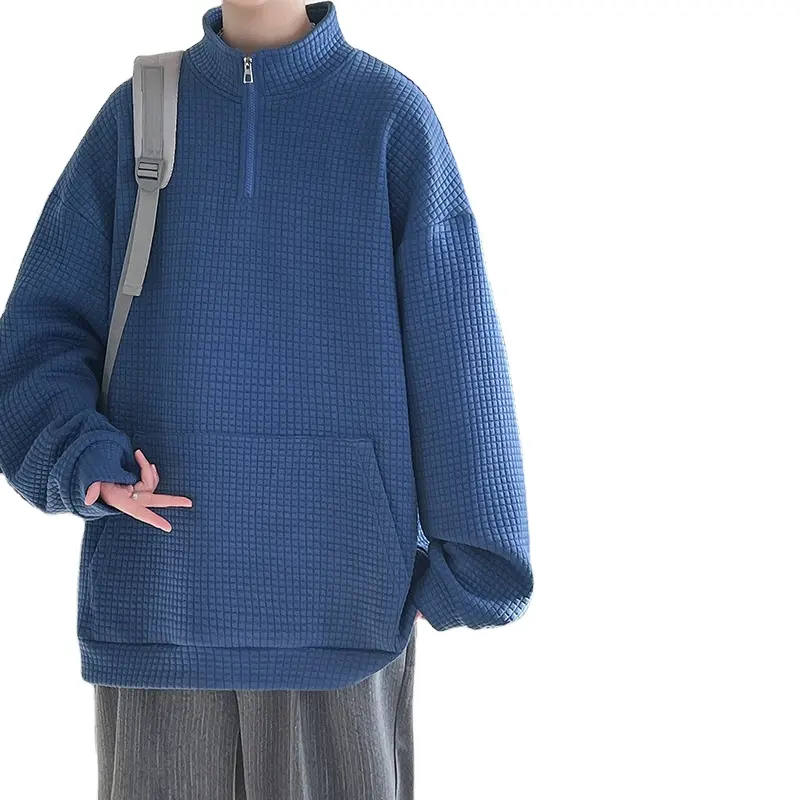 Spring new solid color waffle Klein blue men's zipper port style loose pullover sweater men