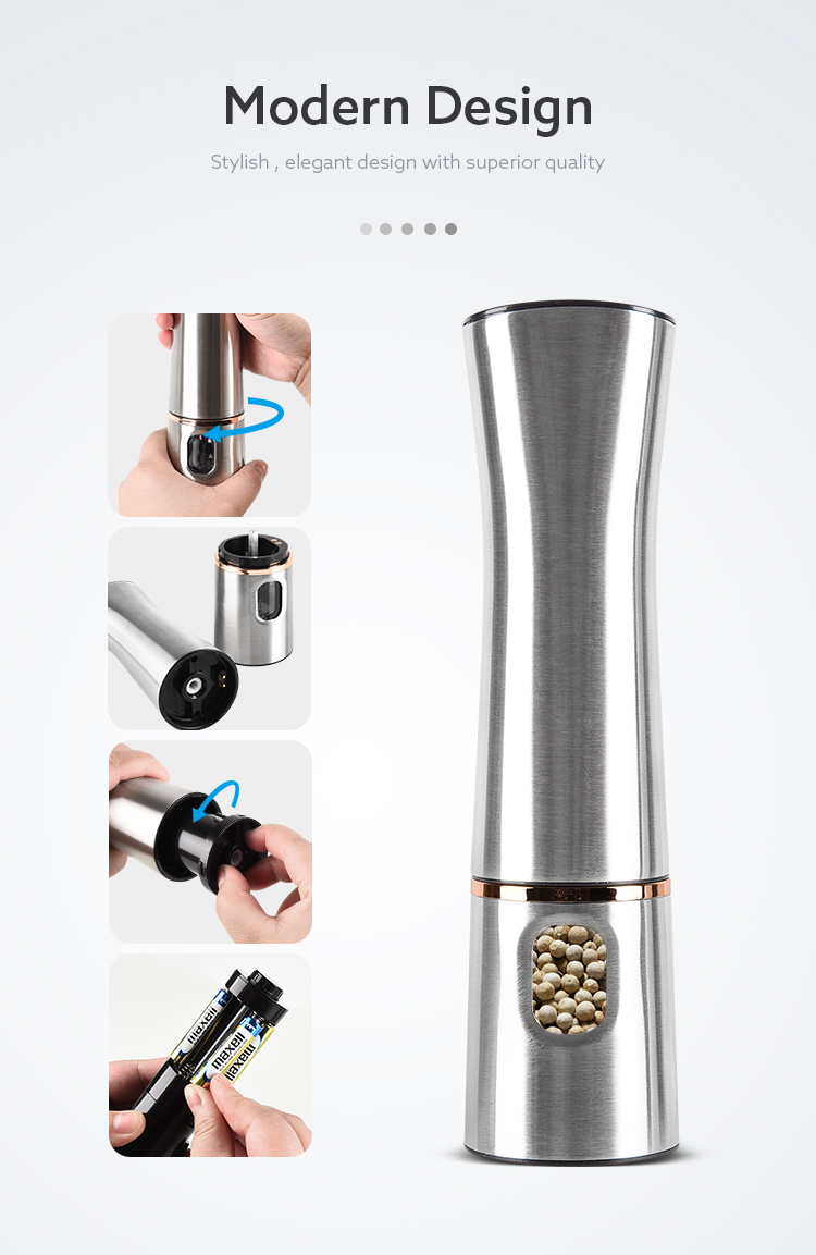 Round salt grinder electric, Good Quality customized stainless steel pepper grind with led