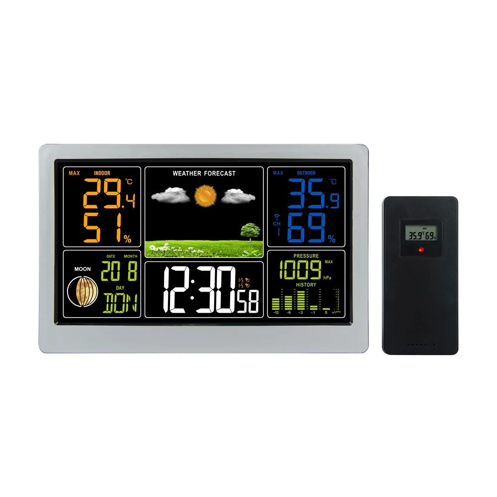 2023 sıcak satış Evertop dijital renkli tahmini barometre kablosuz kapalı açık termometre hava durumu hava saati