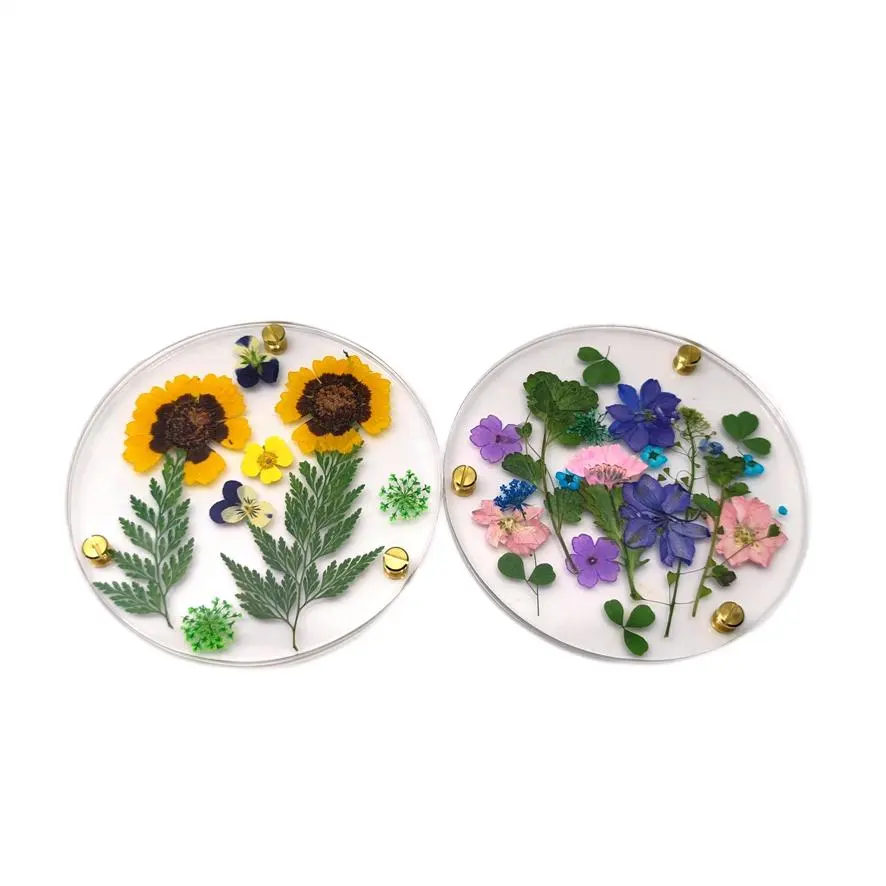 Custom Decorative Boho Pressed Flower Mug Coasters Acrylic Clear Round Crystal Cup Mat for Drinks