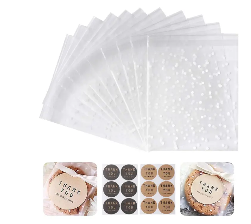 Bolsas de galletas autoadhesivas personalizadas, bolsas de celofán de plástico de lunares blancos, dulces con etiquetas de agradecimiento