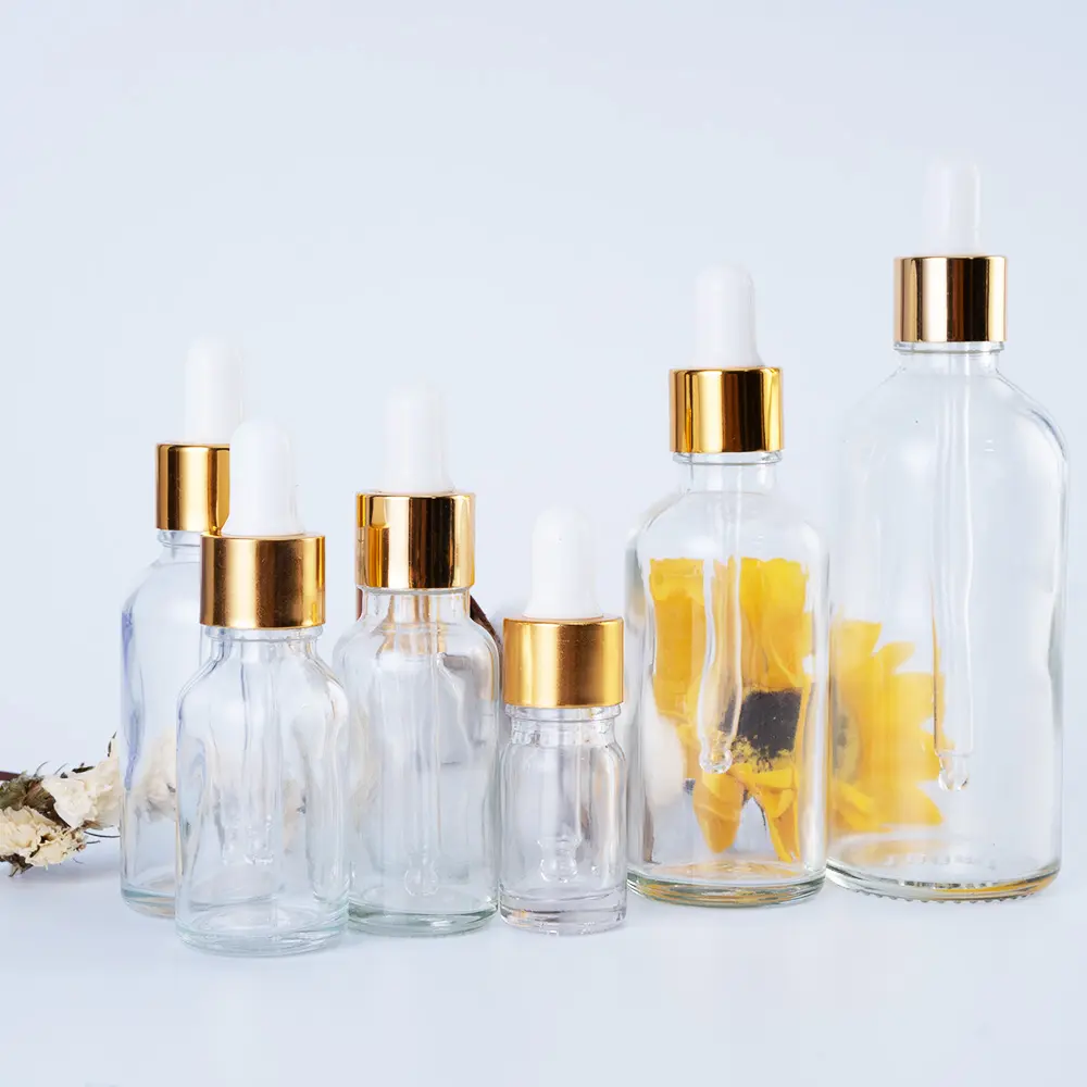 Botella de vidrio transparente para cosméticos, tapón de aluminio dorado de 5ml, 10ml, 20ml, 50ml, 60ml, 100ml