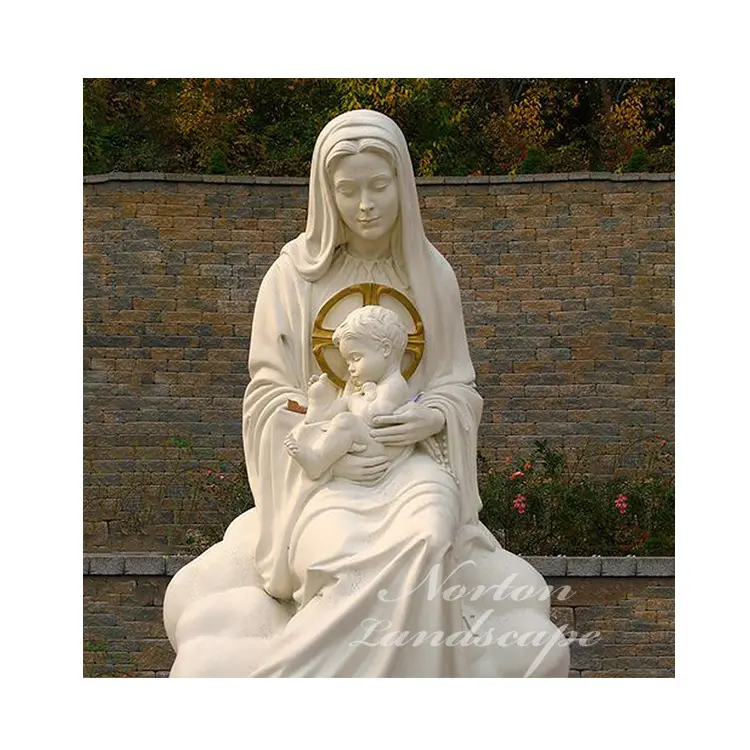 Moderna outdoor decorazione del giardino di pietra di marmo bianco religione figura scultura seduta pietra vergine Maria e di Gesù bambino statua per la vendita