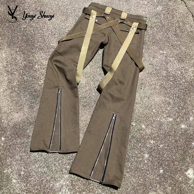 YSJY Custom Hip Hop Mens Streetwear Ribbon Cargo Pants With Zipper Casual Multi Pockets Flare Pants Trousers For Men