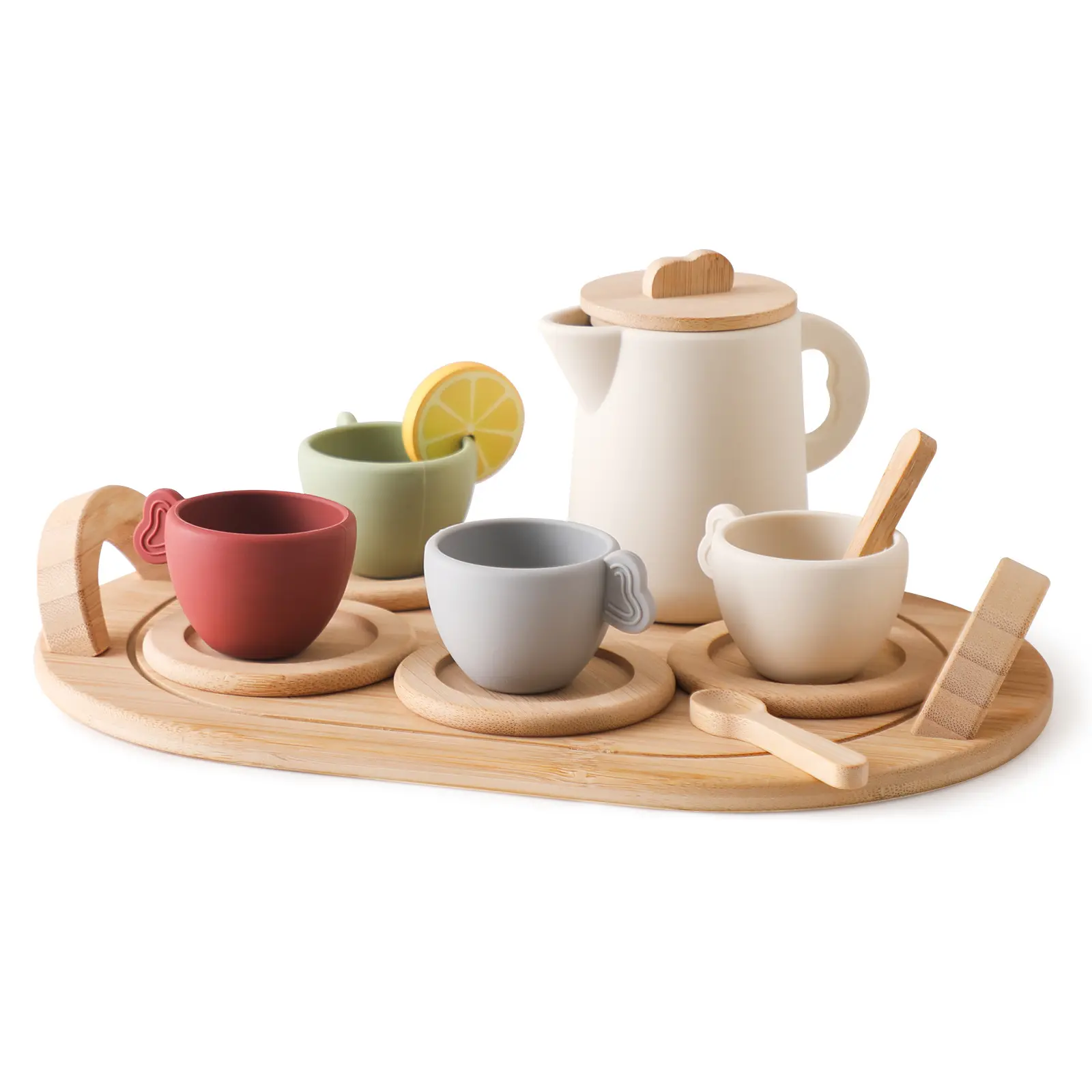 Simulación de cocina de madera Juego de juguetes de té de la tarde Juego de cocina y té de silicona para niños Juegos de simulación Platos de juguete