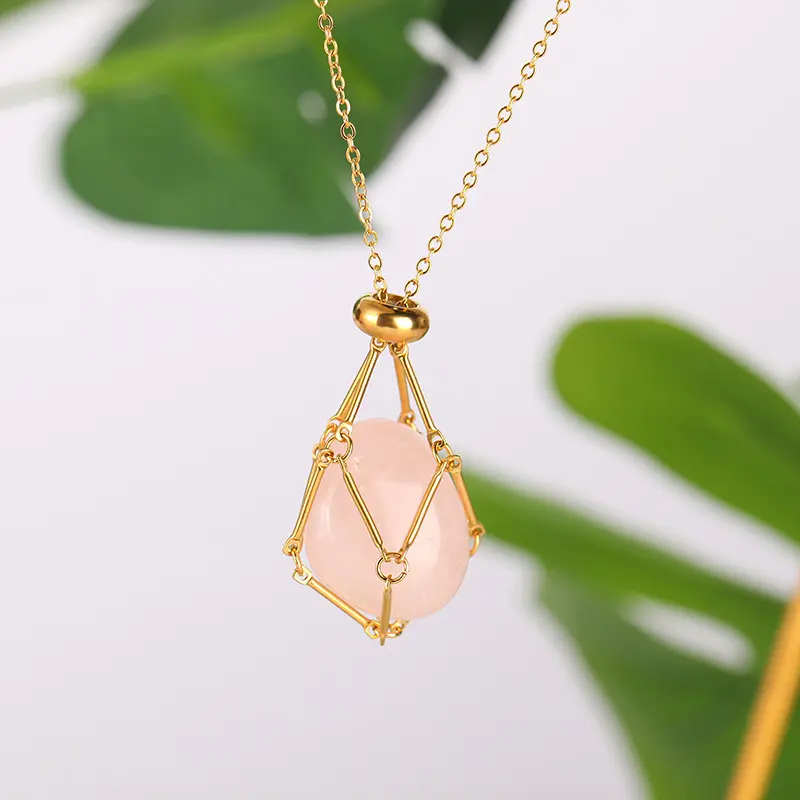 Nuovissimo Designer regolabile in acciaio inossidabile involucro di filo d'oro in cristallo naturale ametista quarzo rosa gemma di pietra netta macramè collana